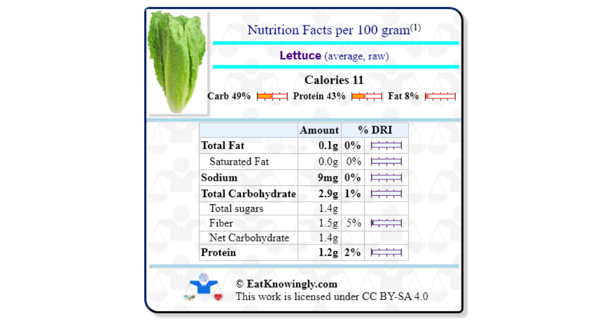 Lettuce (average, raw) Nutrition Facts
