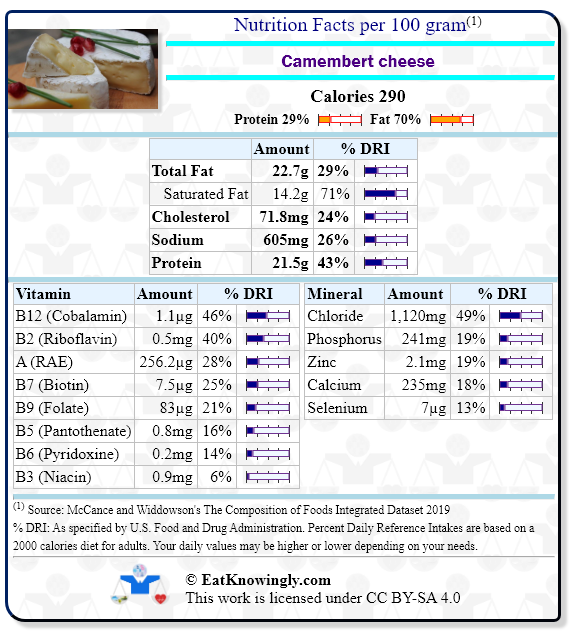 Nutrition Facts for Camembert cheese with Daily Reference Intake percentages