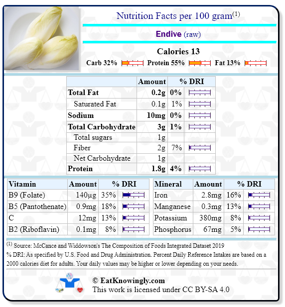 Nutrition Facts for Endive (raw) with Daily Reference Intake percentages