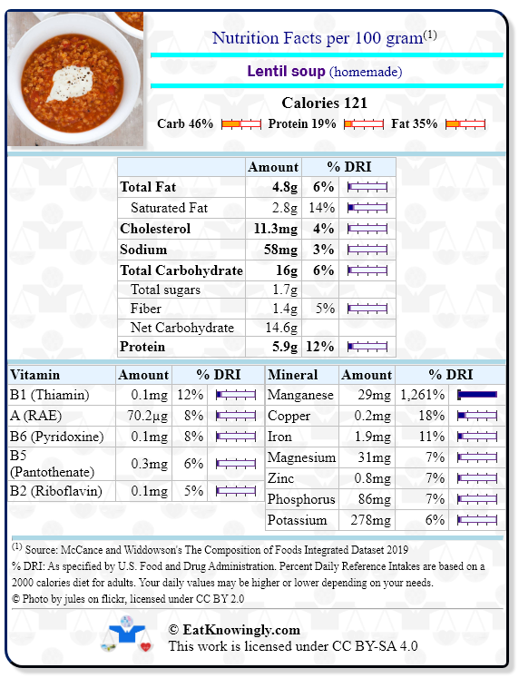 Nutrition Facts for Lentil soup (homemade) with Daily Reference Intake percentages