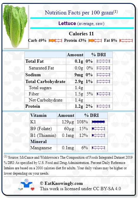 Nutrition Facts for Lettuce (average, raw) with Daily Reference Intake percentages